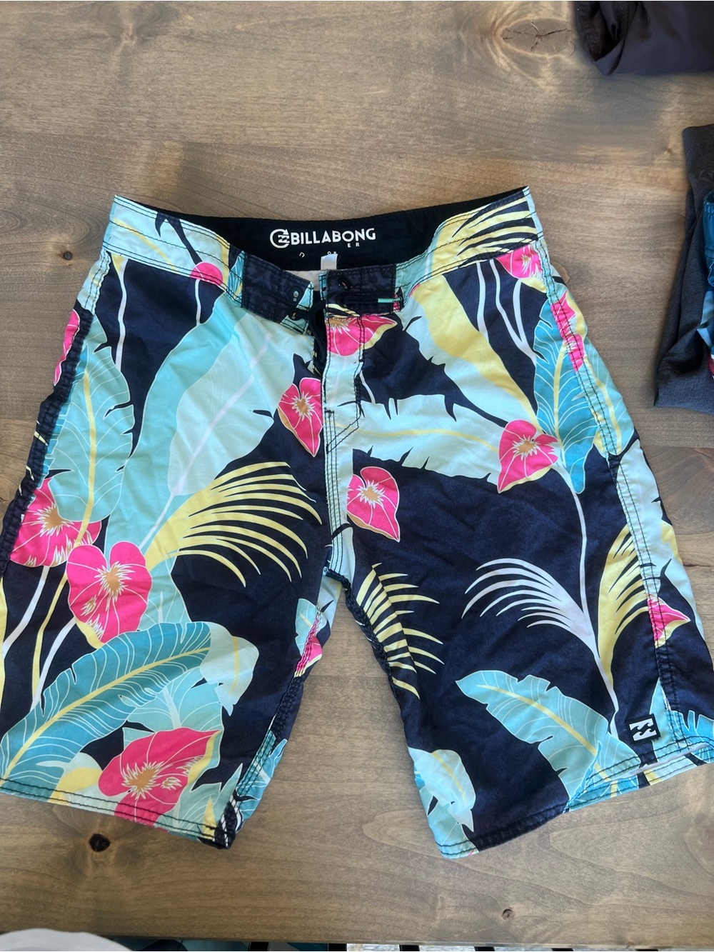 Billabong Men’s Black Swim Board Shorts with Teal, Yellow & Pink Floral Print